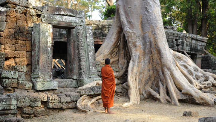 Un moine, contemplant la grandeur et la magie des lieux, à Banteay Kdei, Angkor